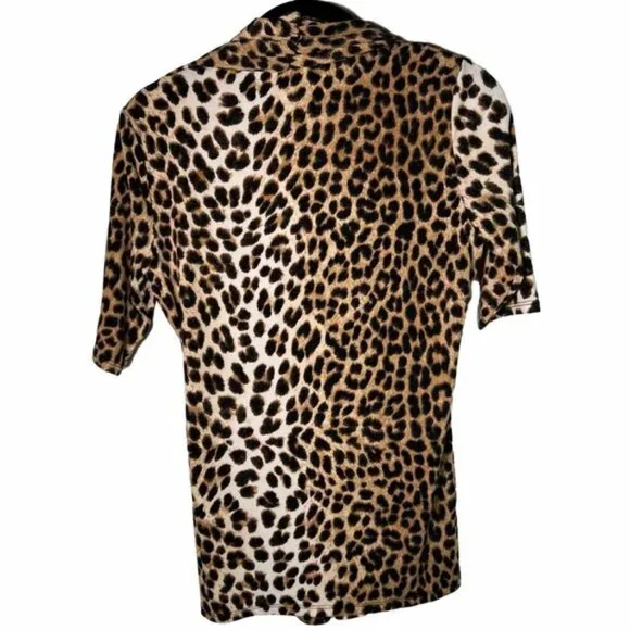 NWT CARMEN MARC VALVO Leopard Cheetah Print Tie V-neck Short Sleeve Blouse Sz XS - Picture 2 of 14